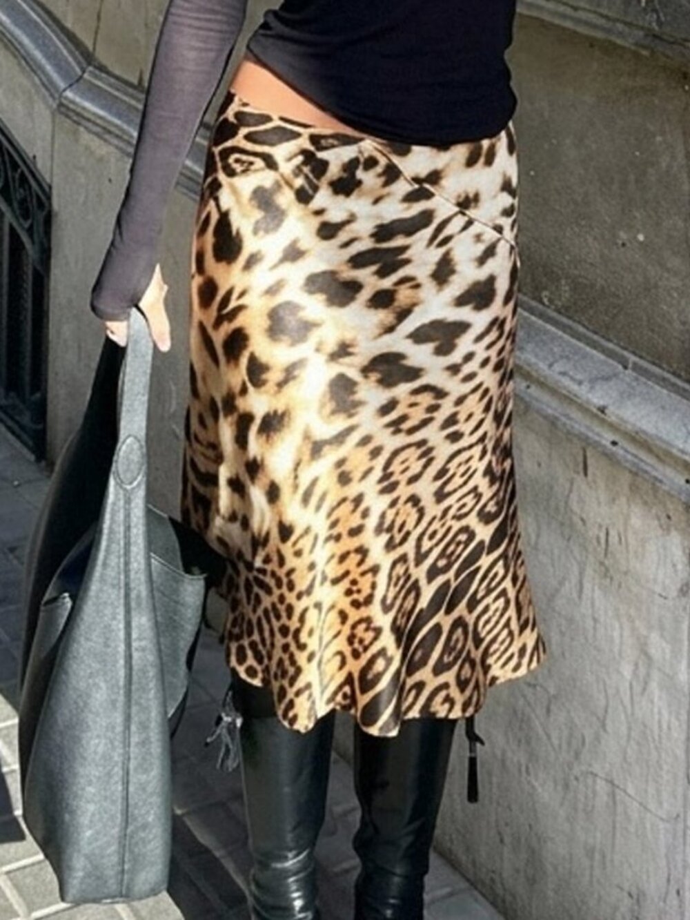 Khaki Elegant Women's Leopard Print Mid-Length Skirt